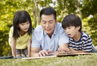 asian father and children lying on grass reading a book together in a park.